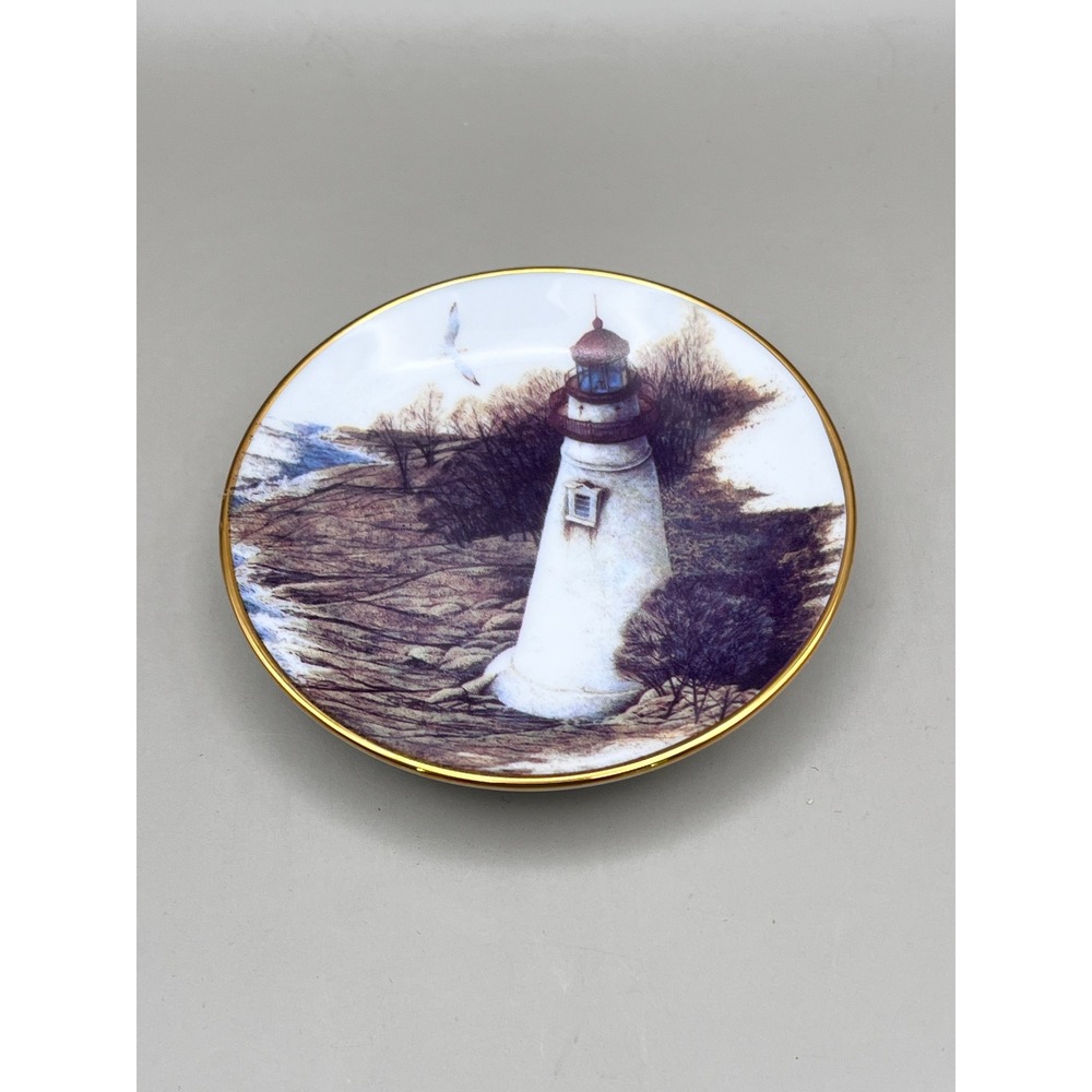 Vtg Charthouse Collectors Society Lighthouse Mini Porcelain Plate Gold Rim 3.25"